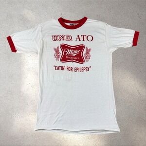 Vintage Miller Lite 50/50 Ringer‎ T-Shirt Sz Large University North Dakota 80s